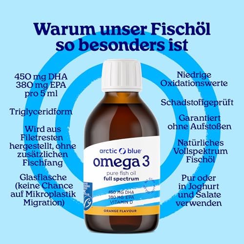 Arctic Blue Omega 3 Fischöl – hochdosiert mit DHA, EPA & Vitamin D – 150 ml flüssig für frischen Orangengeschmack ohne A