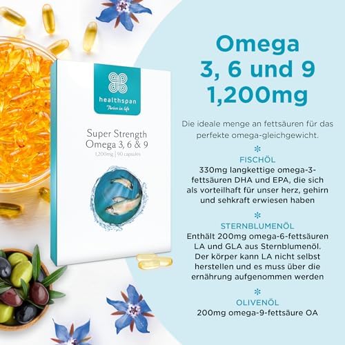 Healthspan Omega 3, 6 und 9 | Hochdosis 1.000 mg Kapseln | Unterstützt Gehirn, Augen und Herz | Nachhaltig & hochgereini