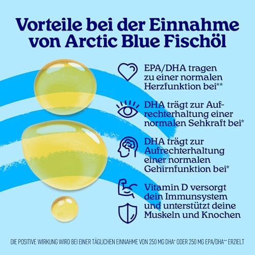 Arctic Blue Omega 3 Fischöl – hochdosiert mit DHA, EPA & Vitamin D – 150 ml flüssig für frischen Orangengeschmack ohne A