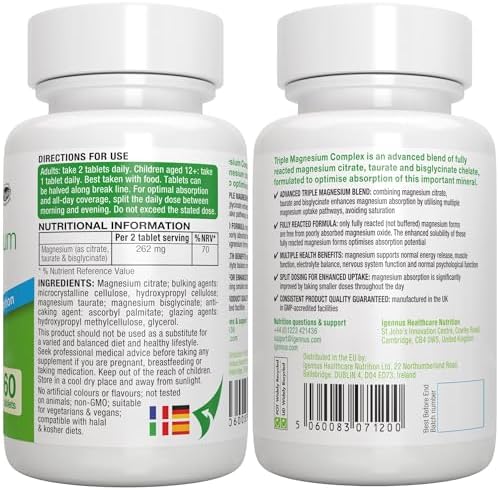 Igennus Dreifach-Magnesium-Komplex – Hoch bioverfügbares Glycinat, Taurat & Citrat für optimale Unterstützung, 60 vegane