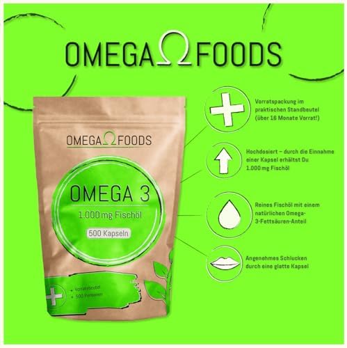 Omega 3 Fischöl Kapseln – 500 Kapseln Hochdosiert für Herzgesundheit – 1000mg Omega-3 Pro Portion im Vorratspaket