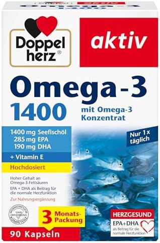 Doppelherz Omega-3 1400 mg Kapseln - Hochdosiertes Konzentrat mit Vitamin E für Herzgesundheit - 90 Stück