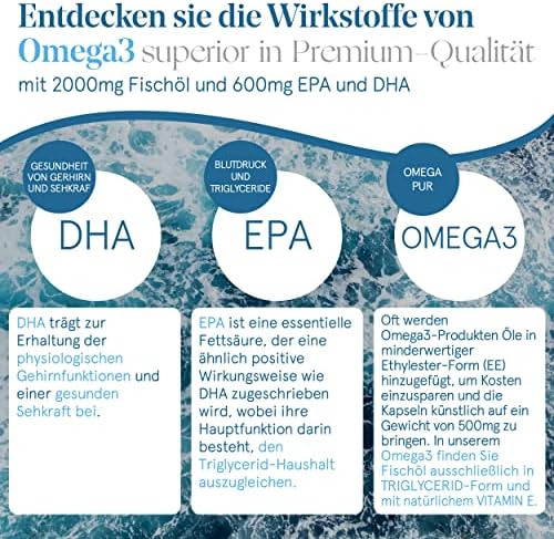 Omega 3 Kapseln von - Hochdosiert mit 2000 mg reinem Fischöl, 600 mg EPA/DHA, ideal für Gesundheit und Wohlbefinden.